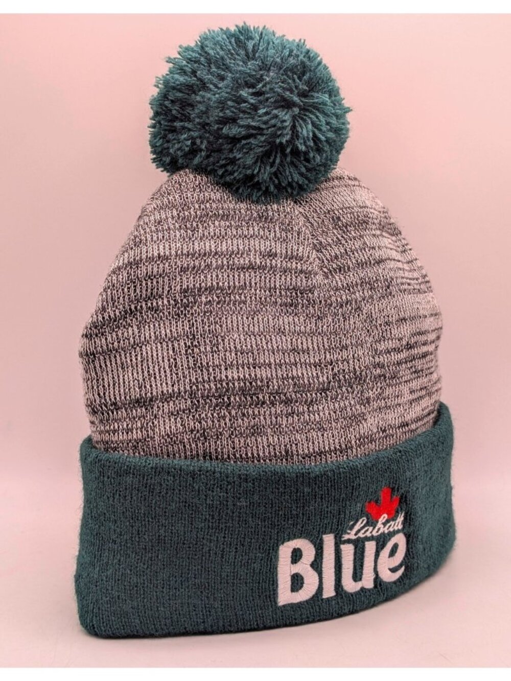 Labatt Blue Beer Beanie Knit Winter Hat Pom Retro Canadian Bartender Gray Green